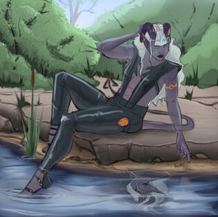 Tiefling sitting along the waters edge featuring a Non intensive background & shaded sketch.